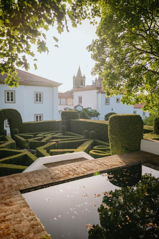 a view of a garden with a reflection in a pond at Quinta do Bonfim in Portalegre