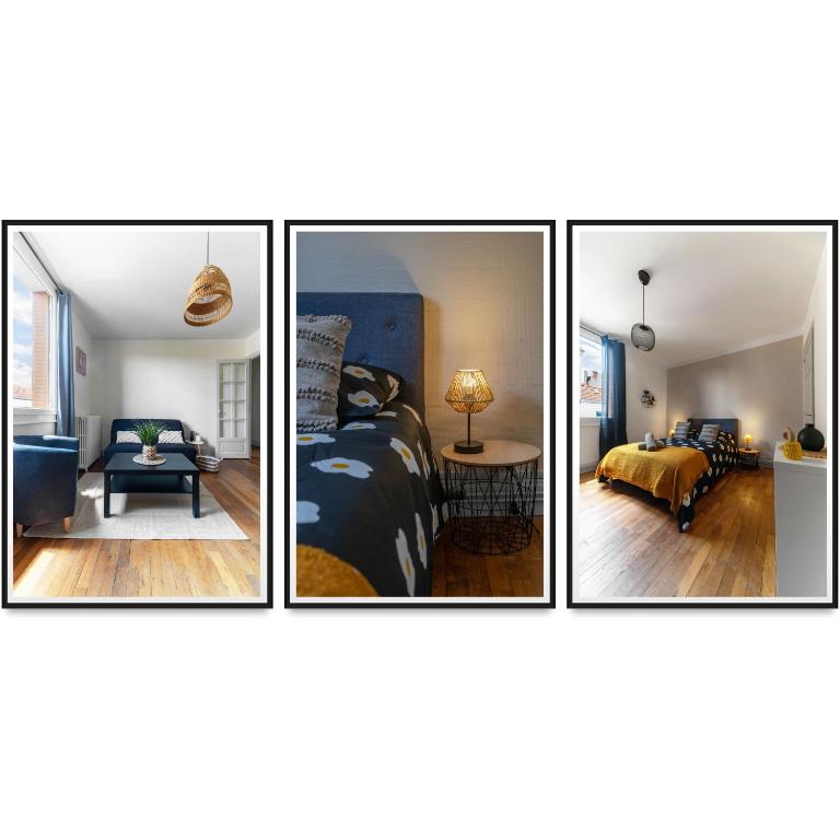 4 photos d'une chambre et d'un salon dans l'établissement Le Desbrest - Appartement calme et lumineux en centre ville, à Vichy
