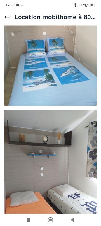 - deux photos d'un lit dans une chambre dans l'établissement Mobilhome avec terrasse couverte à 800 m de la plage, à Saint-Cast-le-Guildo