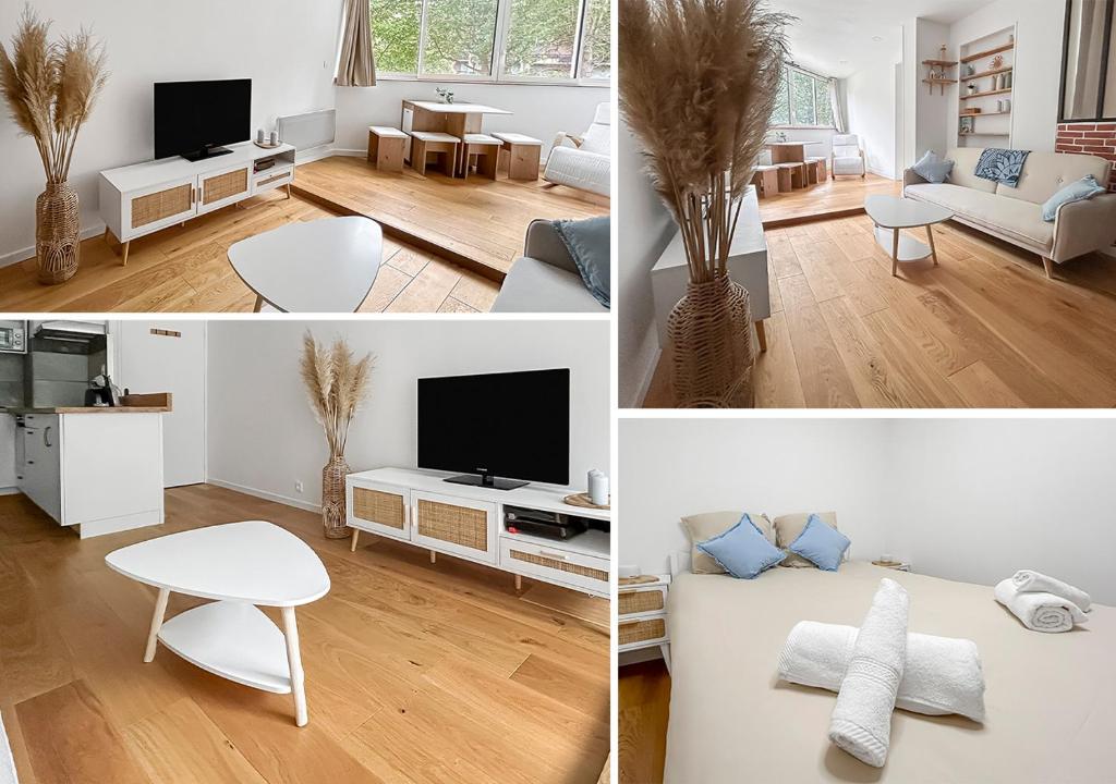 a collage of four pictures of a living room at Séjour de charme à Cabourg, proche mer in Cabourg