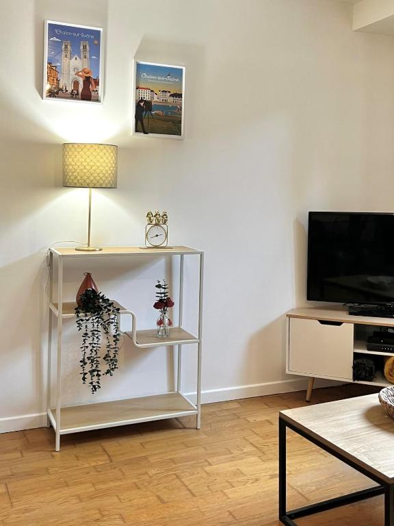 un salon avec une télévision et une table dans l'établissement L'escapade sur l'île Saint Laurent, à Chalon-sur-Saône