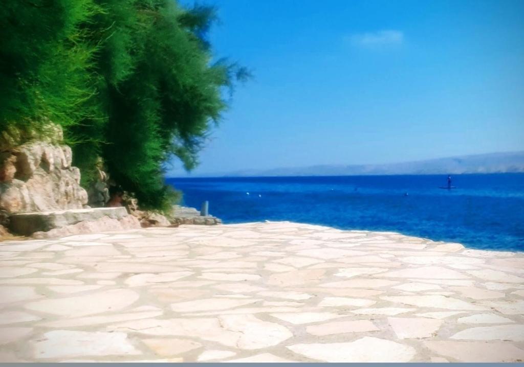 ein Sandstrand neben einem Gewässer in der Unterkunft Apartmani Sara Marija in Karlobag