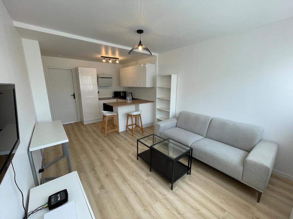 un salon avec un canapé et une table dans l'établissement Plein coeur de Caen, Emeraude, à Caen