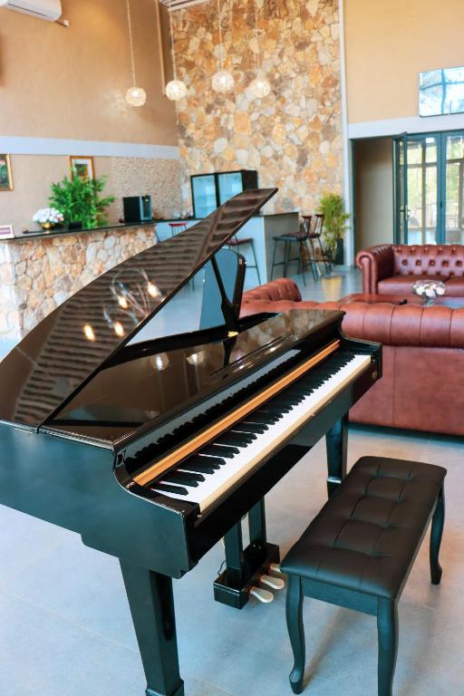 ヴィクトリア・フォールズにあるSavanna68 Hotelのリビングルーム(ブラックピアノ、スツール付)