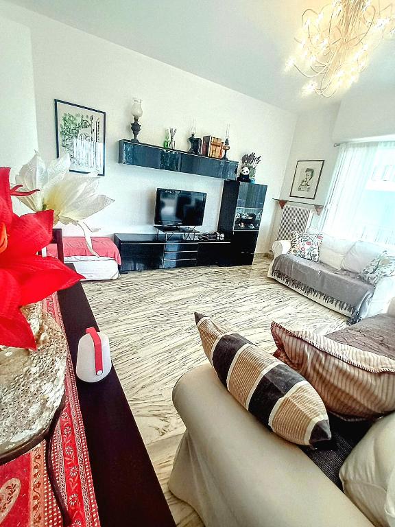 un salon avec un canapé et une télévision dans l'établissement Les Oliviers Big Terrace&Pool Comfy, à Roquebrune-Cap-Martin