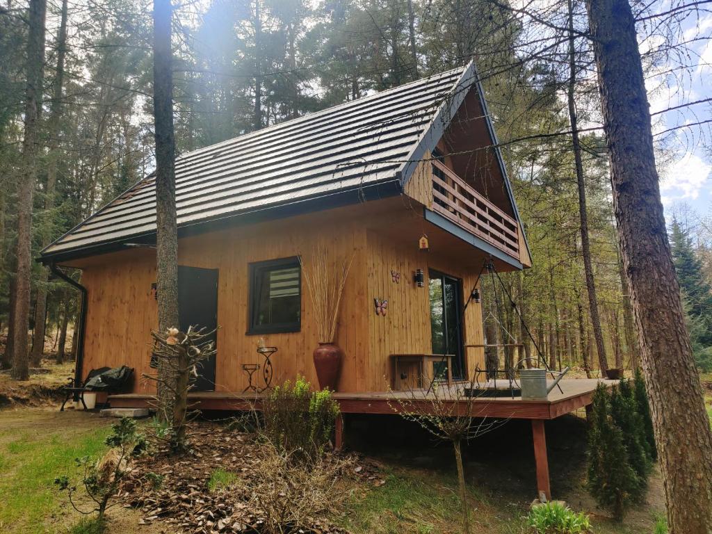 a tiny house in the woods with a porch at Chatki Bernadki - Siedliska na Roztoczu in Siedliska