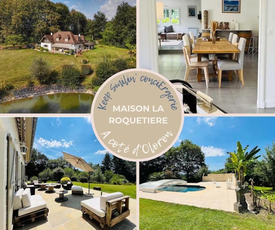 eine Collage aus Fotos eines Hauses mit einem Herrenhaus auf dem Dach in der Unterkunft La Roquetière, Domaine Paradisiaque pour 12 personnes in Ledeuix