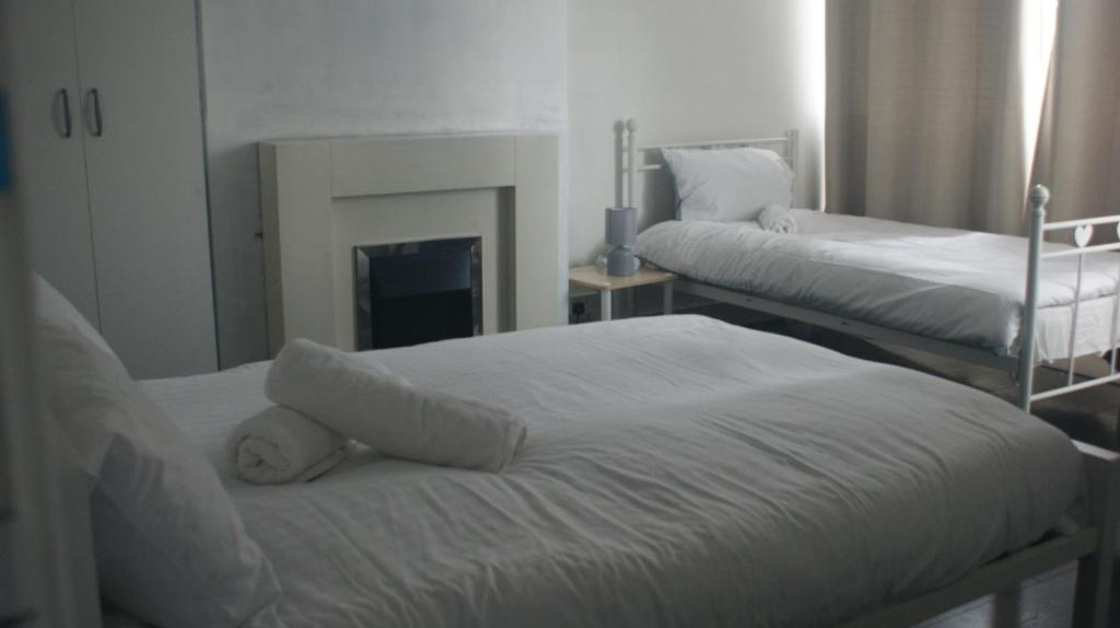 伦敦Homerton Home的有两张床和一个壁炉的房间