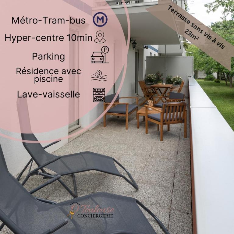 une chaise posée sur un trottoir à côté d'un patio dans l'établissement Horizon Paisible - Piscine et parking !, à Toulouse