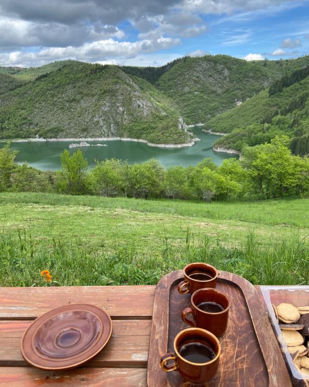 a tray with cups and plates on a table with a lake at Brvnare Puljci 2 in Nova Varoš