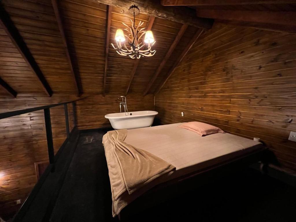 ein Zimmer mit einem Bett, einem Waschbecken und einem Kronleuchter in der Unterkunft Cabana Black Wood in Camanducaia