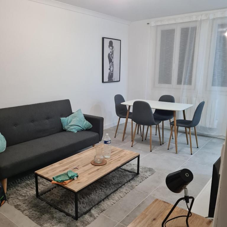 un salon avec un canapé noir et une table dans l'établissement Appartement Climatisé Nîmes, à Nîmes
