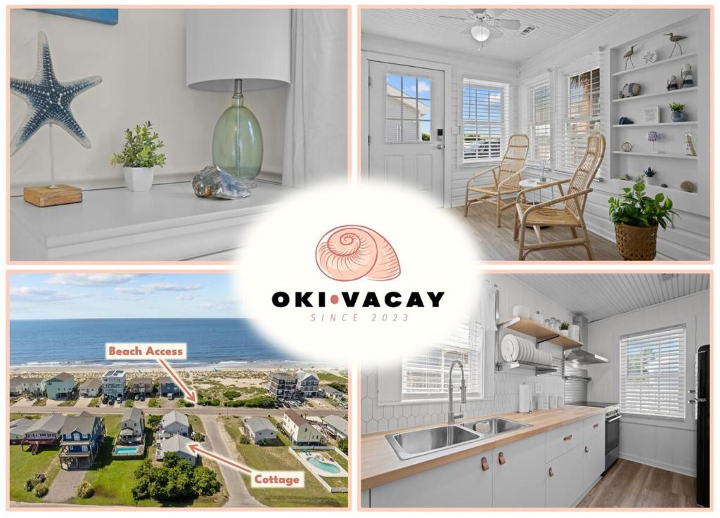een collage van vier foto's van een keuken en een huis bij Beachside Cottage - Pet Friendly in Oak Island