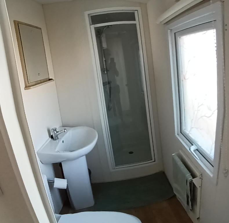 a bathroom with a toilet and a sink and a shower at The retreat in Selsey