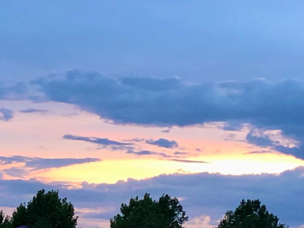 Un ciel nuageux au coucher du soleil avec des arbres au premier plan dans l'établissement Les Cimes, à Venerque