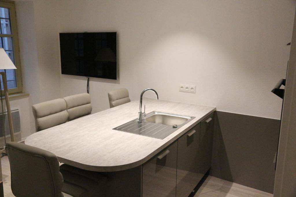 ストラスブールにあるLes Dentelles - Appartement meublé design Petite Franceのキッチン(シンク付)、壁掛けテレビが備わります。