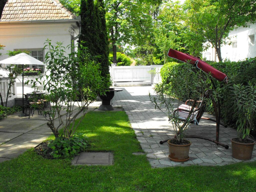einen Hinterhof mit einem Garten mit Pflanzen und einem Baseballschläger in der Unterkunft Kornél Apartman in Siófok