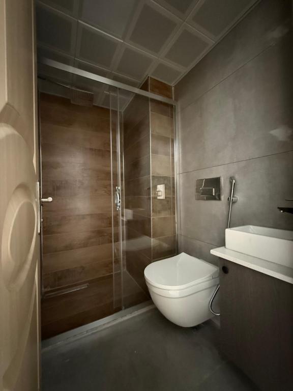 a bathroom with a toilet and a glass shower at D'Premium Hotel in Edirne