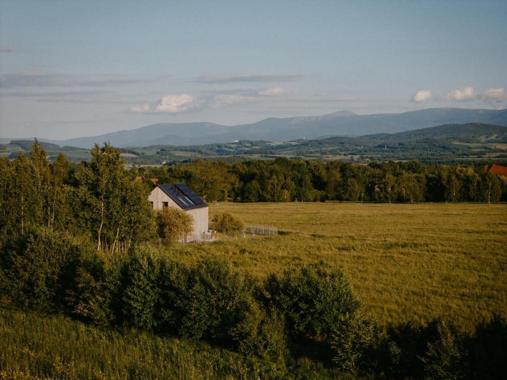un campo con una casa en medio de un campo en Cozy Izeria, en Grudza