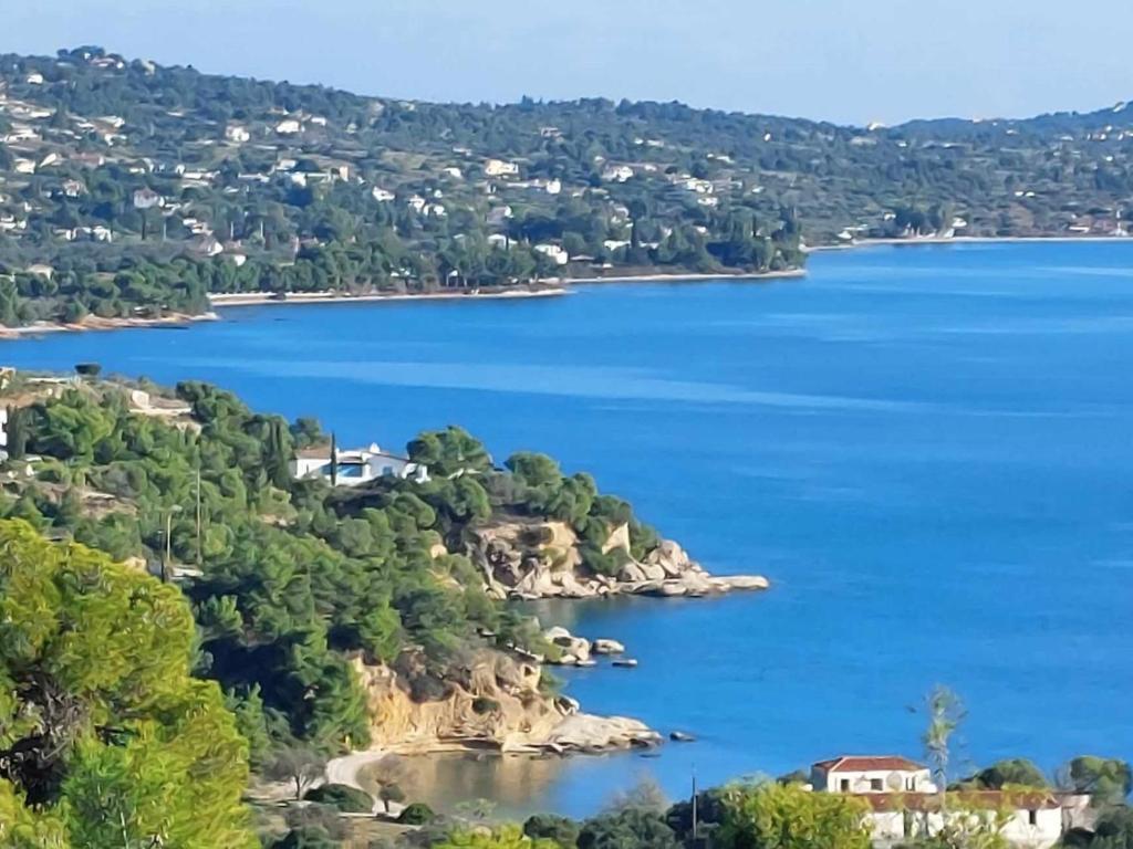 a view of a lake with trees and houses at IRIA Beach in Iria