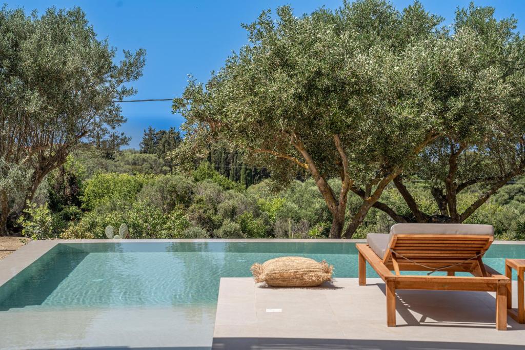 a chair next to a swimming pool with trees at Lithos Art Villas - Euphoria in Lakíthra