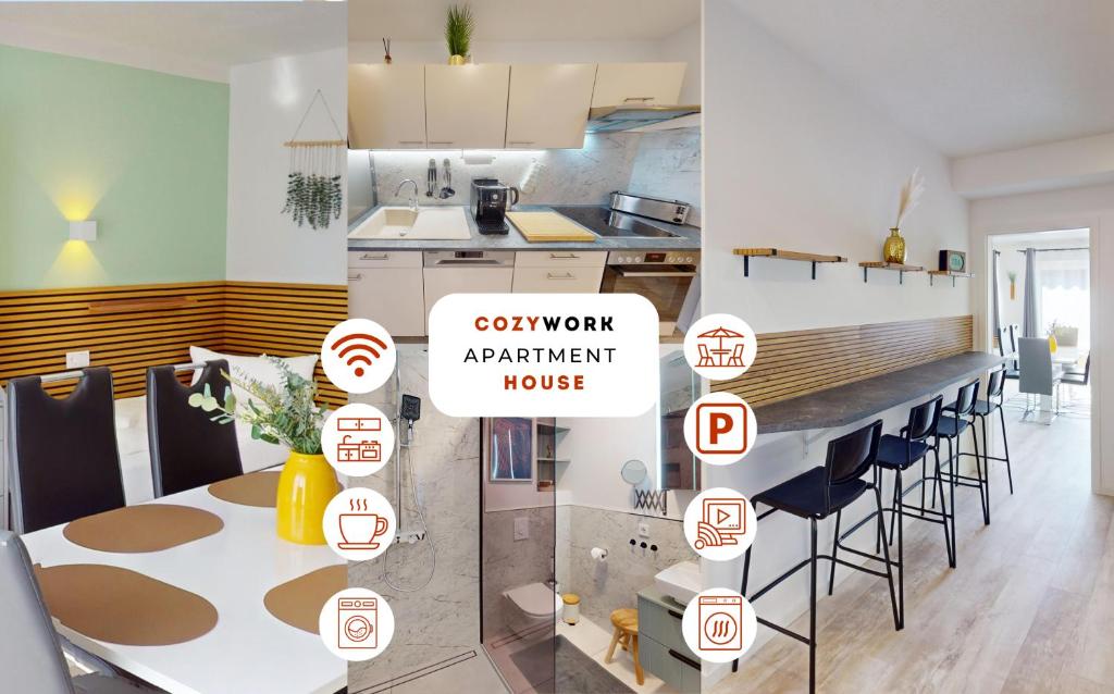 a kitchen and dining room with a table and chairs at CozyWork Apartment House in Hohenmölsen