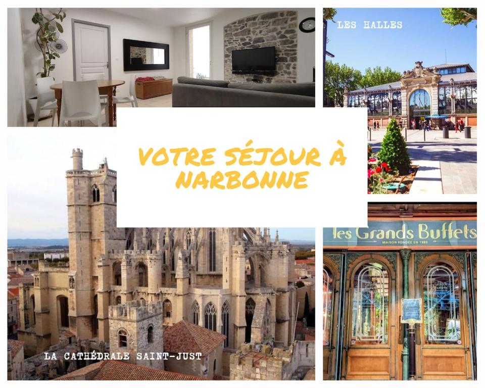 un collage de photos d'un château dans l'établissement Le Limouzy - appartement proche des halles, à Narbonne