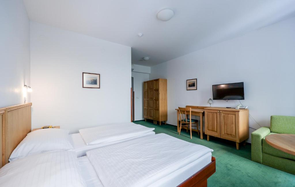 a bedroom with two beds and a desk and a television at Hotel Mlýn in Český Krumlov