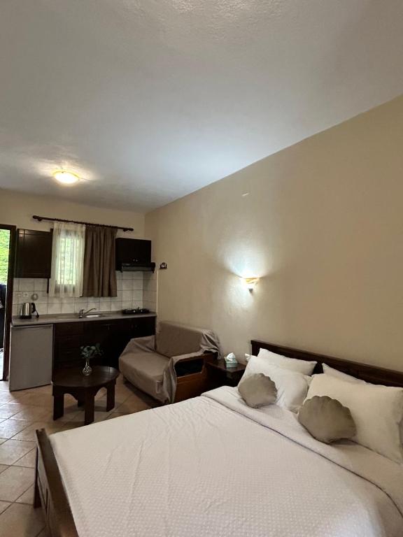 a hotel room with a bed and a kitchen at Panorama Elati in Elati Trikalon