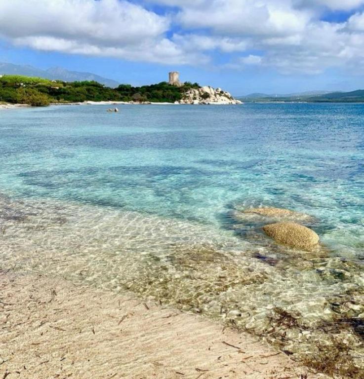 une plage d'eau bleue et un château en arrière-plan dans l'établissement Casa corsica, à Pianottoli-Caldarello