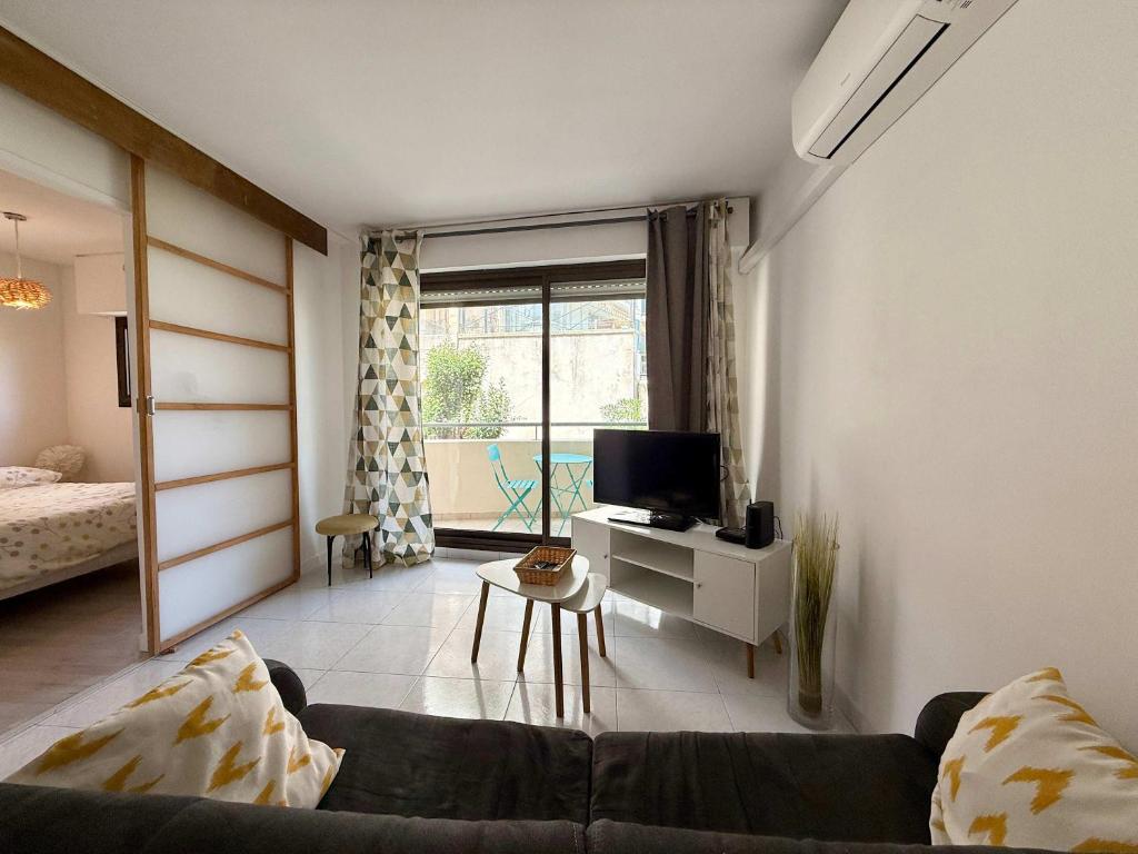 un salon avec un canapé et une télévision dans l'établissement B065 Appartement calme proche centre garage, à Cannes