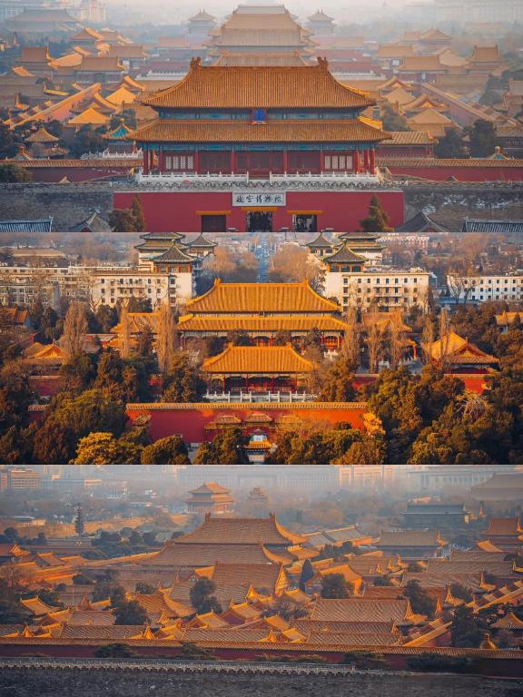 two photographs of a chinese city with buildings at Jingfang Building Boutique Smart Hotel - near Beijing Tiananmen Square,the Forbidden City,Wangfujing Street in Beijing
