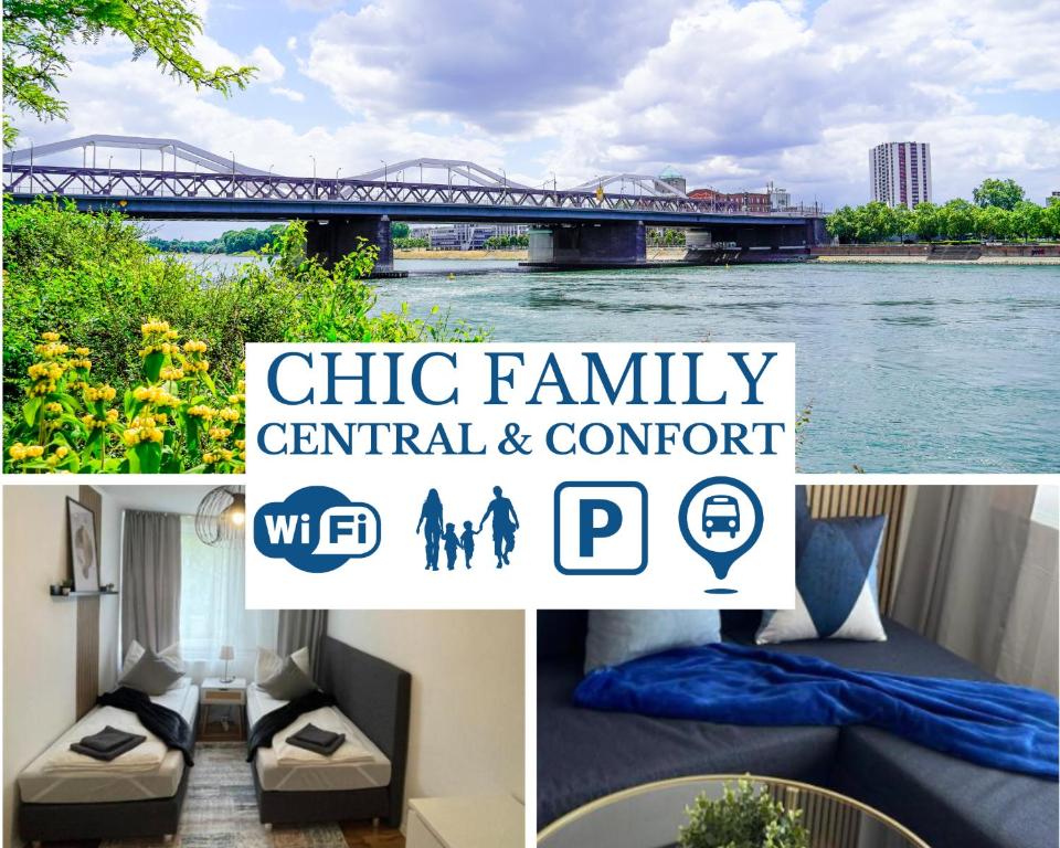 un collage di foto con un fiume e un ponte di Charmantes Familienrefugium im Zentrum von Ludwigshafen - Eleganz & Komfort Ideal fur Familien a Ludwigshafen am Rhein