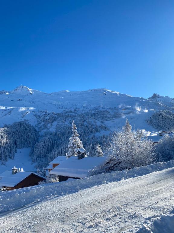 une colline couverte de neige avec une maison et des arbres dessus dans l'établissement Appartement de luxe neuf 6 personnes de 75 m2 à Méribel Mottaret, à Les Allues