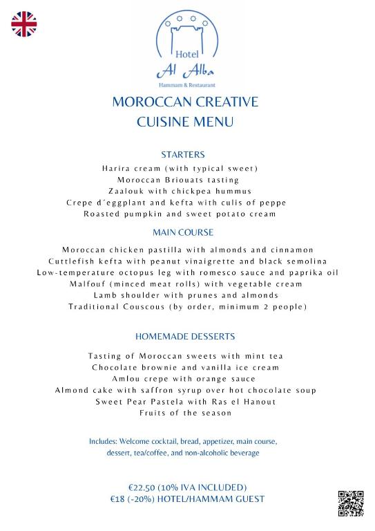 a view of the menu for the cacidium catering cuisine menu at Hotel Al Alba Hammam & Restaurant in Asilah