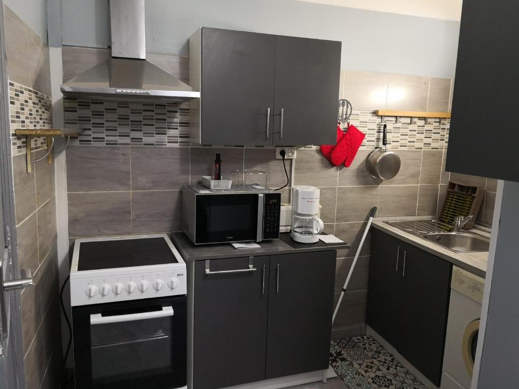 une petite cuisine avec une cuisinière et un micro-ondes dans l'établissement joli sudio clim centre ville, à Avignon