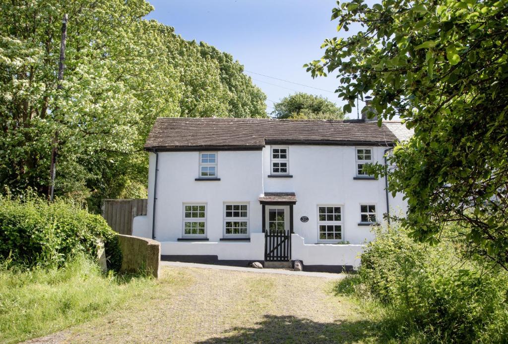 a white house with a black door on a road at Berry Cottage in Croyde