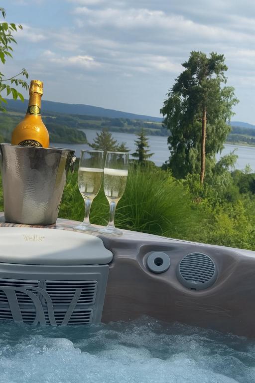three wine glasses and a bottle of champagne in a tub at Panorama House Lipno in Jenišov