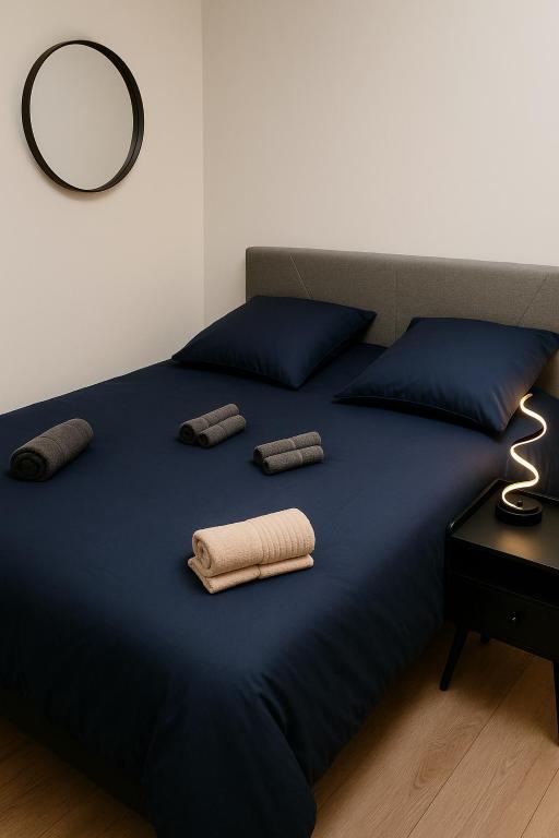 - un lit avec des draps bleus et 2 oreillers dans l'établissement Le Ptit Troyen - Hyper Centre, à Troyes