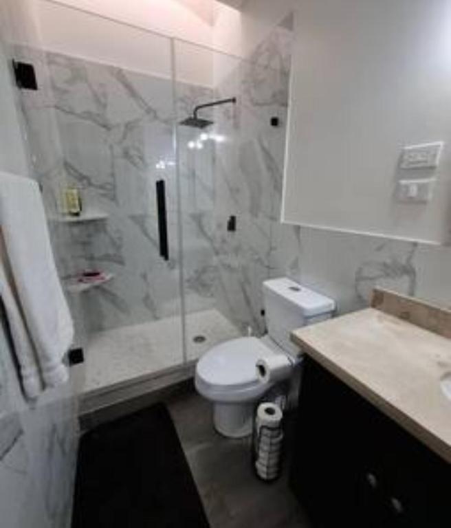 a bathroom with a shower and a toilet and a sink at La Casita in Puerto Peñasco