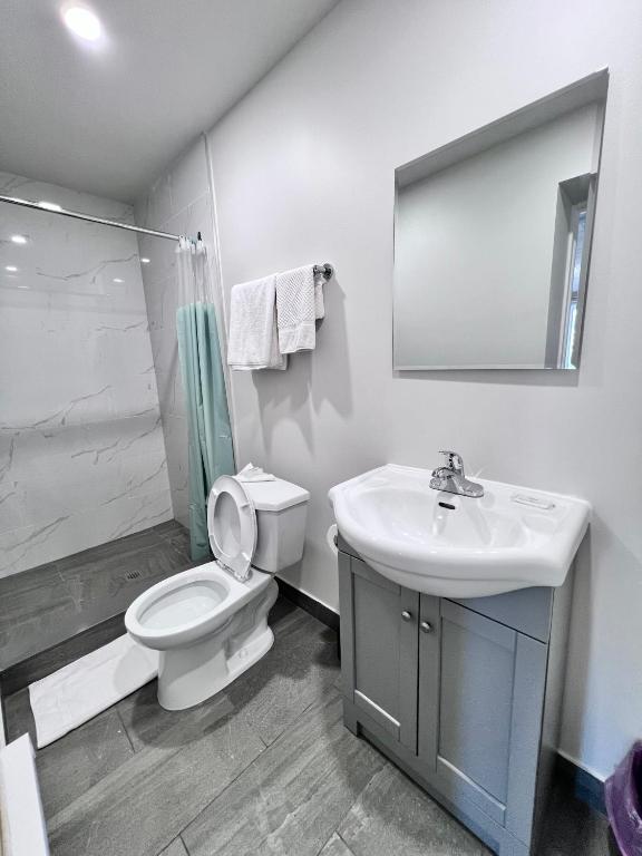 a bathroom with a toilet and a sink and a mirror at 6267 Persepolis Inn in Niagara Falls