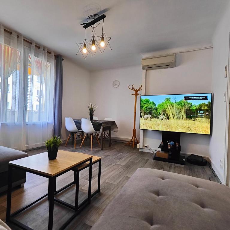 un salon avec une grande télévision à écran plat dans l'établissement Appartement Montpellier sud ,F3 calme et reposant, à Montpellier