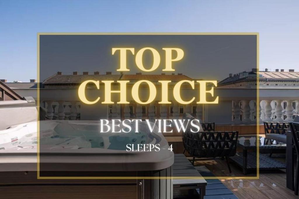 a top choice sign on a window of a building at Exclusive 2-Bedroom Penthouse with Jacuzzi in Budapest