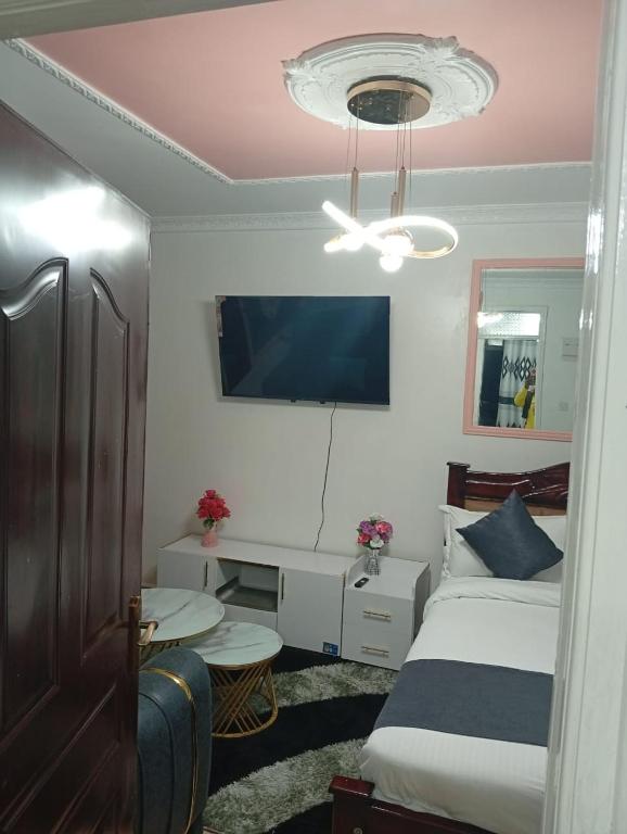 Postel nebo postele na pokoji v ubytování Sahel Executive BnB Studio apartment for cheap accommodation in Elgon View near Eldoret sports club,Rapha Hospital, Naivas supermarket, rupha mall,ST Lukes hospital,busy bumbles international school and Eldoret International Airport