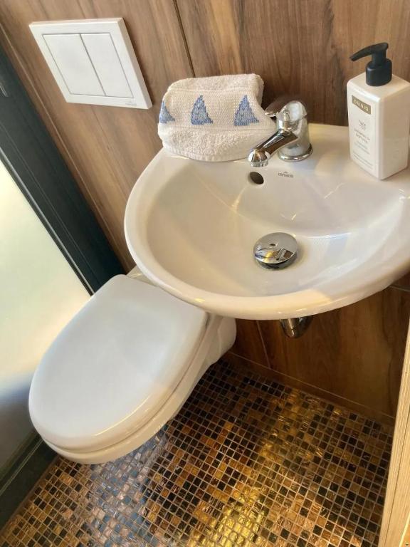 Koupelna v ubytování WOHLFÜHLBOOT Hausboot - Festlieger in der Marina Zaue am Schwielochsee - WC an Bord -