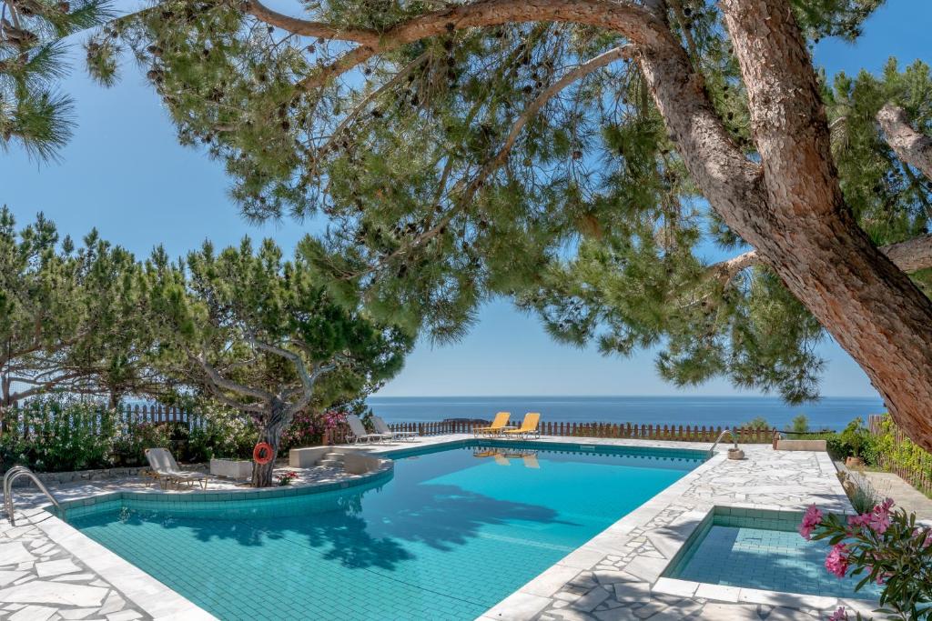 a swimming pool with a view of the ocean at Ferma Solaris Apartments in Agia Fotia