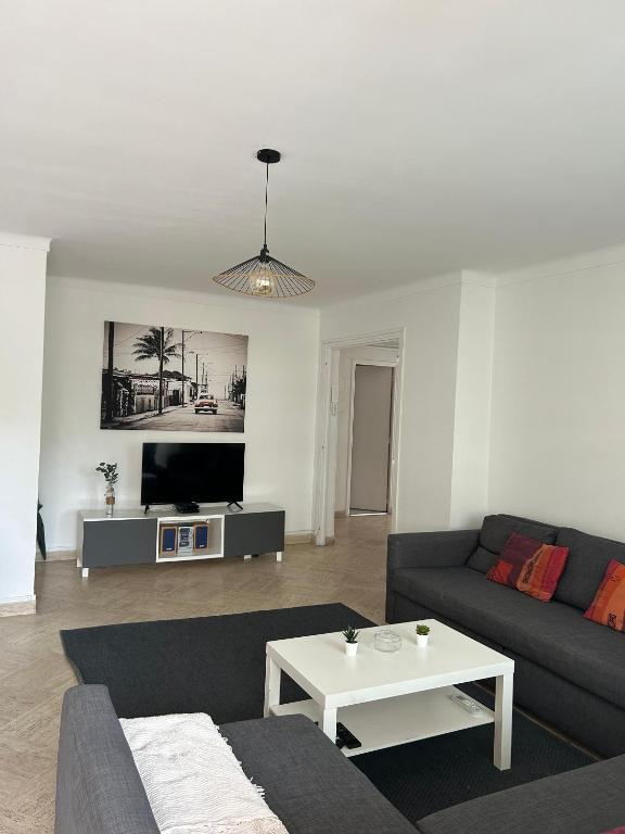 un salon avec un canapé et une télévision dans l'établissement Le président 100 m de la plage, à Antibes