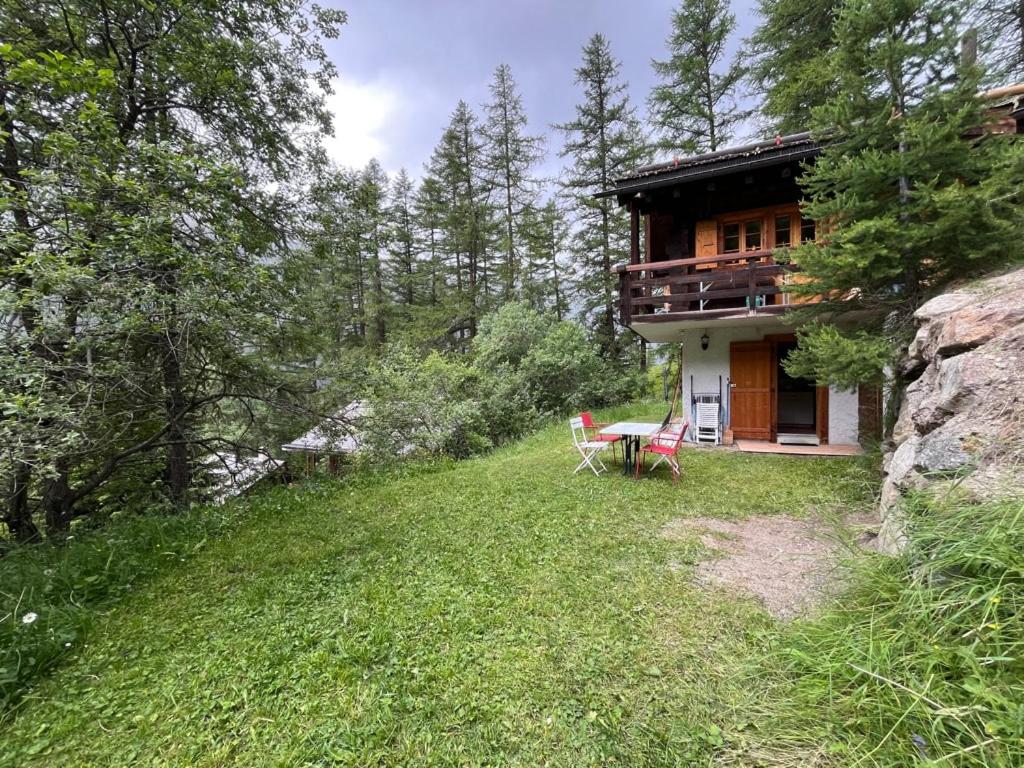 une maison sur une colline avec une table dans l'herbe dans l'établissement Appartement avec jardin au coeur de la nature, à Zinal