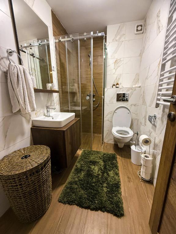 e bagno con lavandino, servizi igienici e doccia. di 3N Royal Mountain a Divčibare