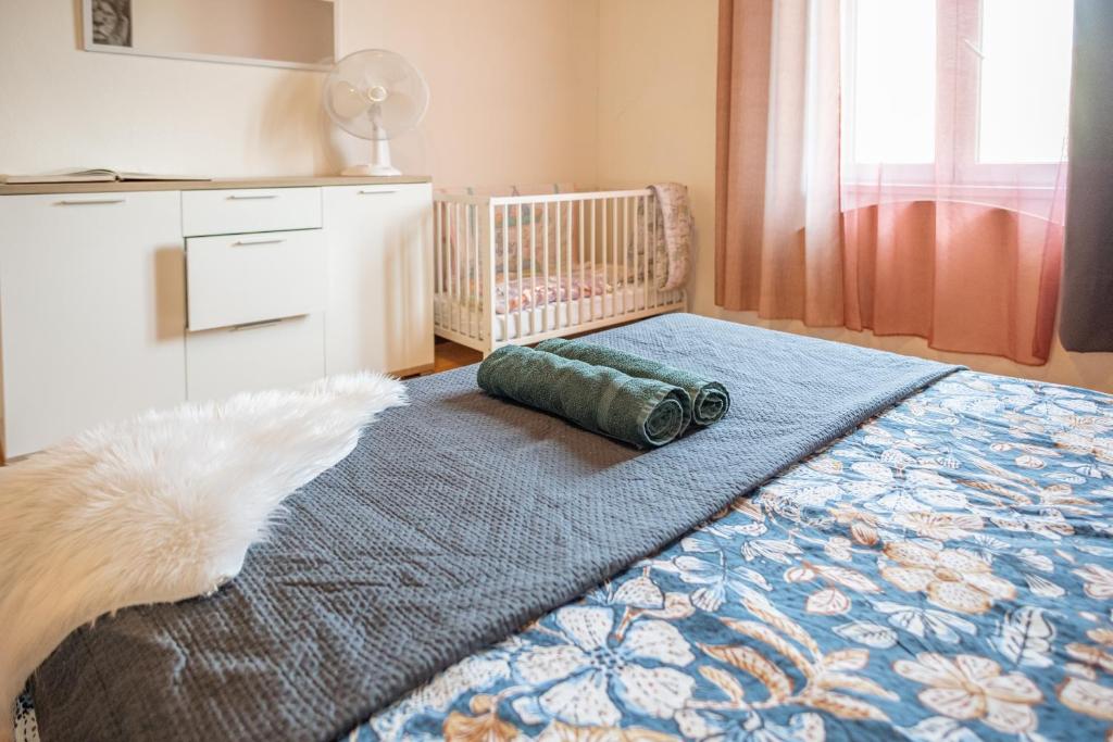 圣路易Harmony Appart FRANCE & SUISSE的卧室里有一张婴儿床，上面有一条蓝色的毯子和一张婴儿床